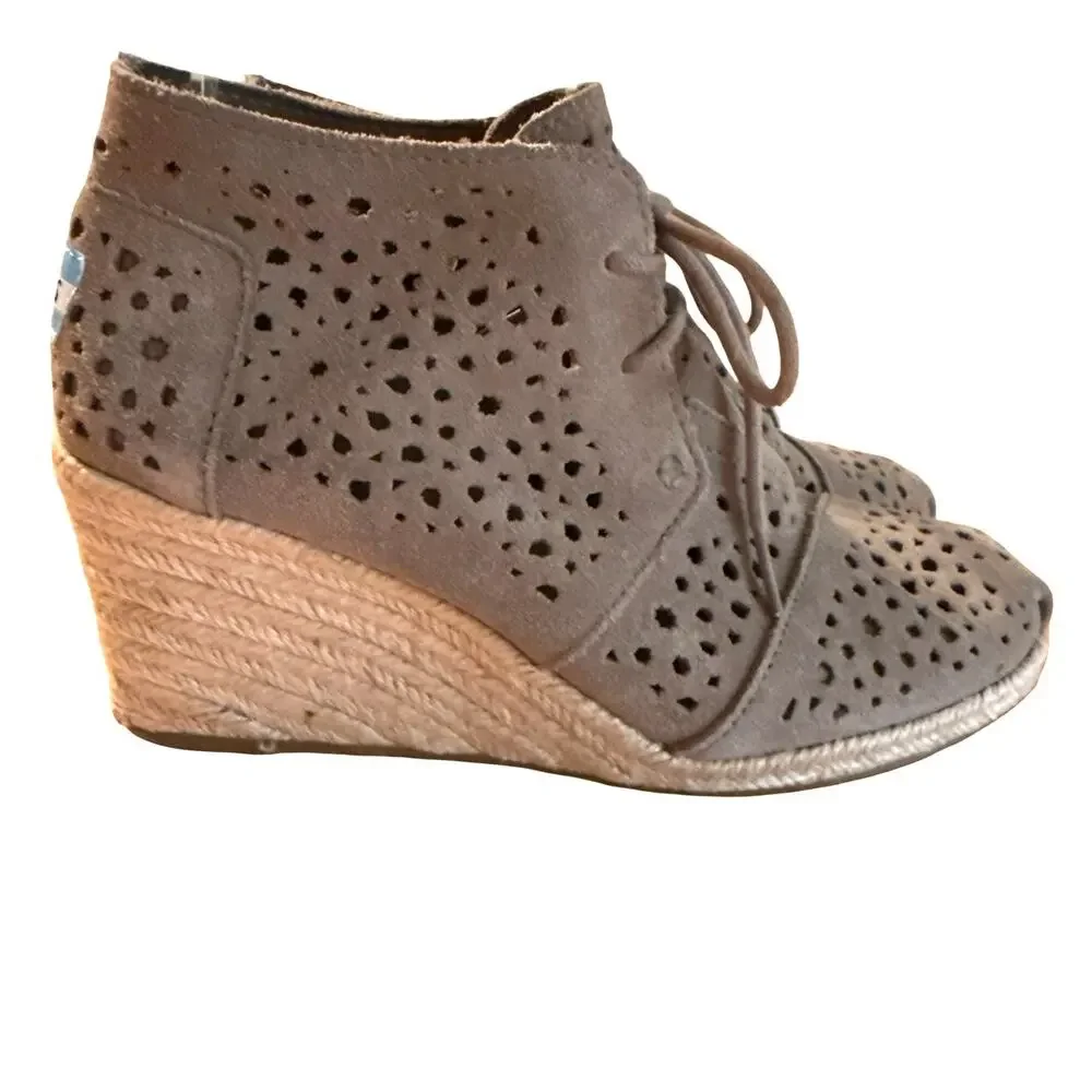 Toms Suede Leather Laser Cut Out Espadrille Wedge Ankle Booties Shoes sz 6.5